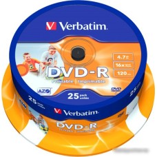 DVD-R диск Verbatim Wide Inkjet Printable 4.7Gb 16x 43538 (CakeBox, 25 шт.)