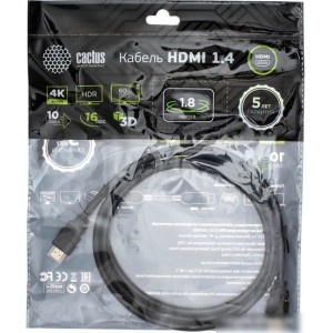 Кабель CACTUS HDMI - HDMI CS-HDMI.1.4-1.8 (1.8 м, черный) Кабель CACTUS HDMI - HDMI CS-HDMI.1.4-1.8 (1.8 м, черный)