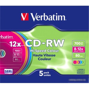 CD-RW диск Verbatim Colour 700Mb 12x 43167 (SlimCase, 5 шт.)