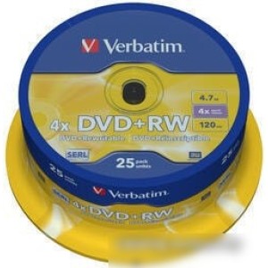 DVD+RW диск Verbatim 4.7Gb 4x Verbatim DLP Silver по 25 шт. CakeBox 043489