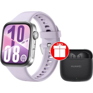 Умные часы Huawei Watch FIT 4 (серебристый, с сиреневым силиконовым ремешком, международная версия) + наушники Huawei FreeBuds SE 2 по акции